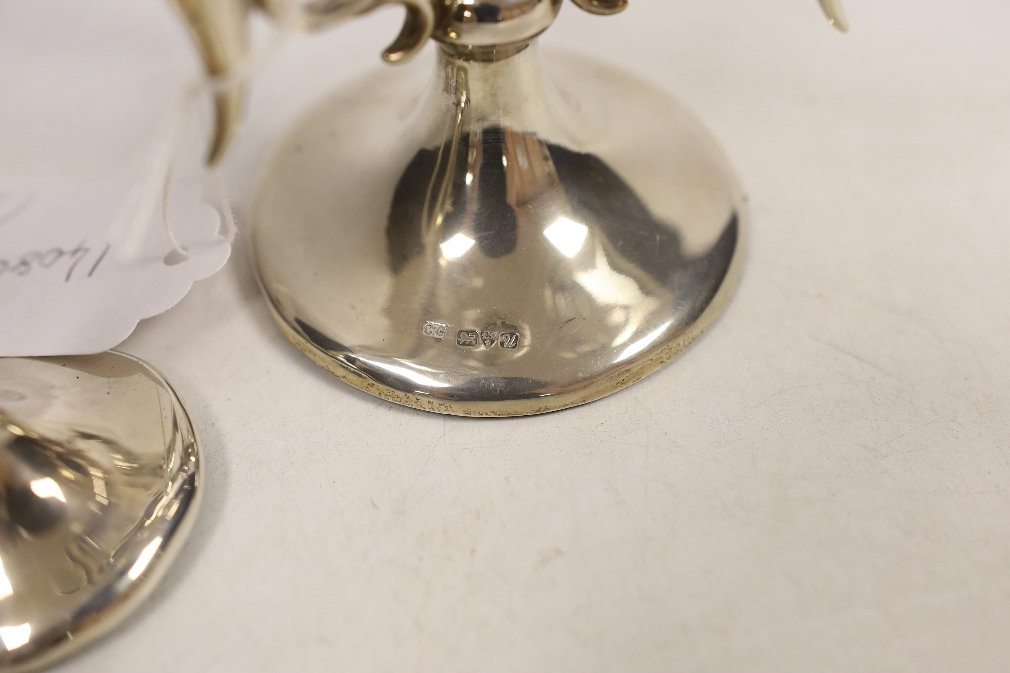 A George V silver centrepiece with four receivers, Colen Hewer Cheshire, Chester, 1920, height 25.7cm, weighted, together with two silver posy vases.